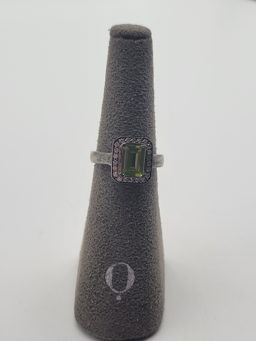 Sterling Silver BOGO BR Green Peridot Emerald-Cut Halo Ring 6.5 - Picture 1 of 9